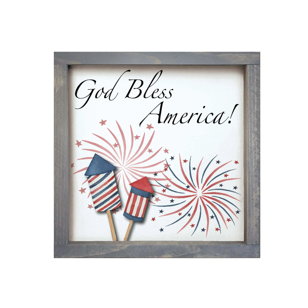 God Bless America Patriotic Art Framed Wood Sign - 12"x12" - Festive Fit Home