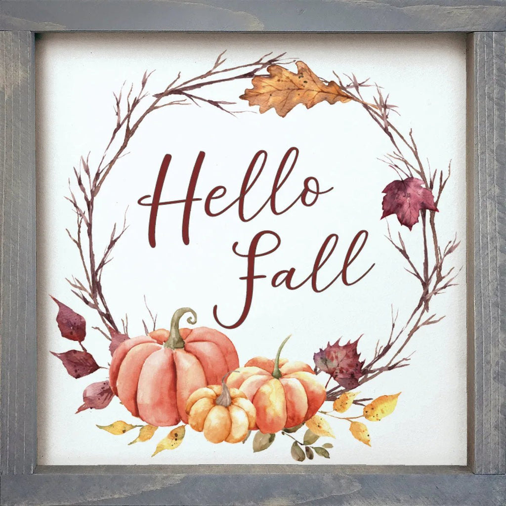 Hello Fall Pumpkin Wreath Wood Sign - 12"x12" - Festive Fit Home