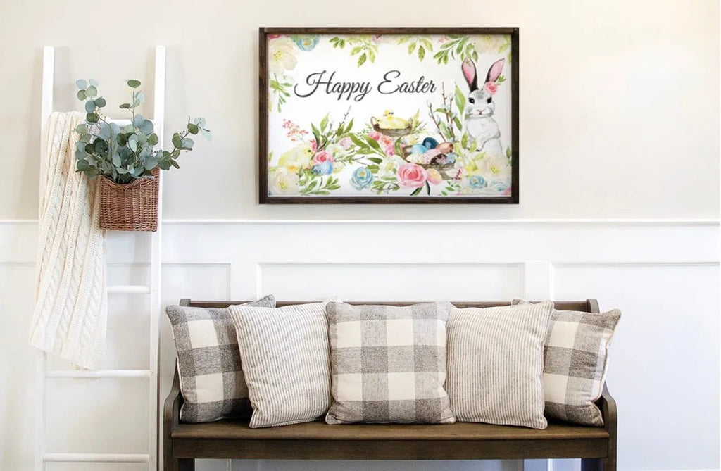 Large Happy Easter Framed Wood Sign - 24"x36" - Festive Fit Home