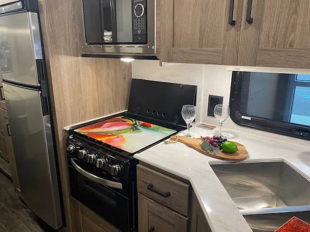 RV Small Stove Top Cover & Cutting Board - Pink & Green Palms - Festive Fit Home