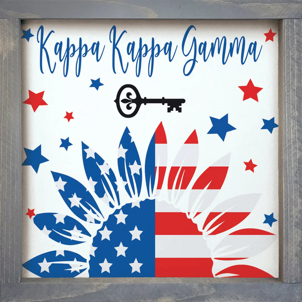 Kappa Kappa Gamma Sunflower American Flag Framed Wood Sign - 12"x12" | Gifts and Merchandise