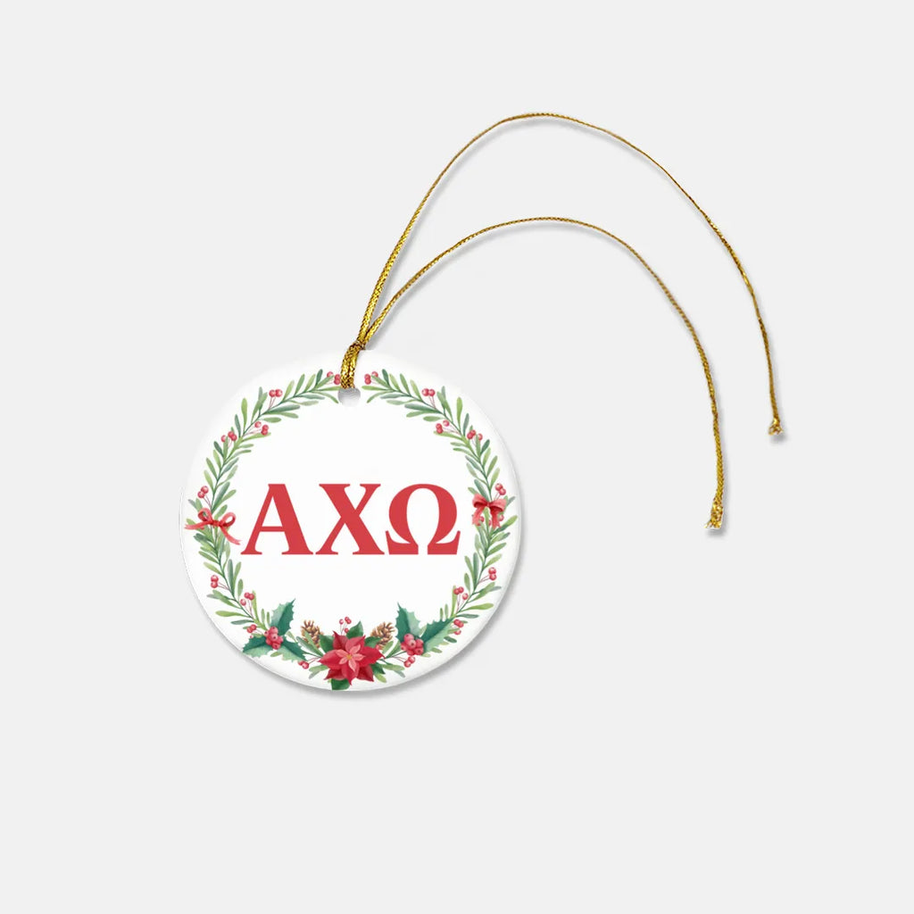 Alpha Chi Omega Ornament - Poinsettia Wreath Ceramic - Set of 2 | Christmas Tree Ornament | Festive Fit Home