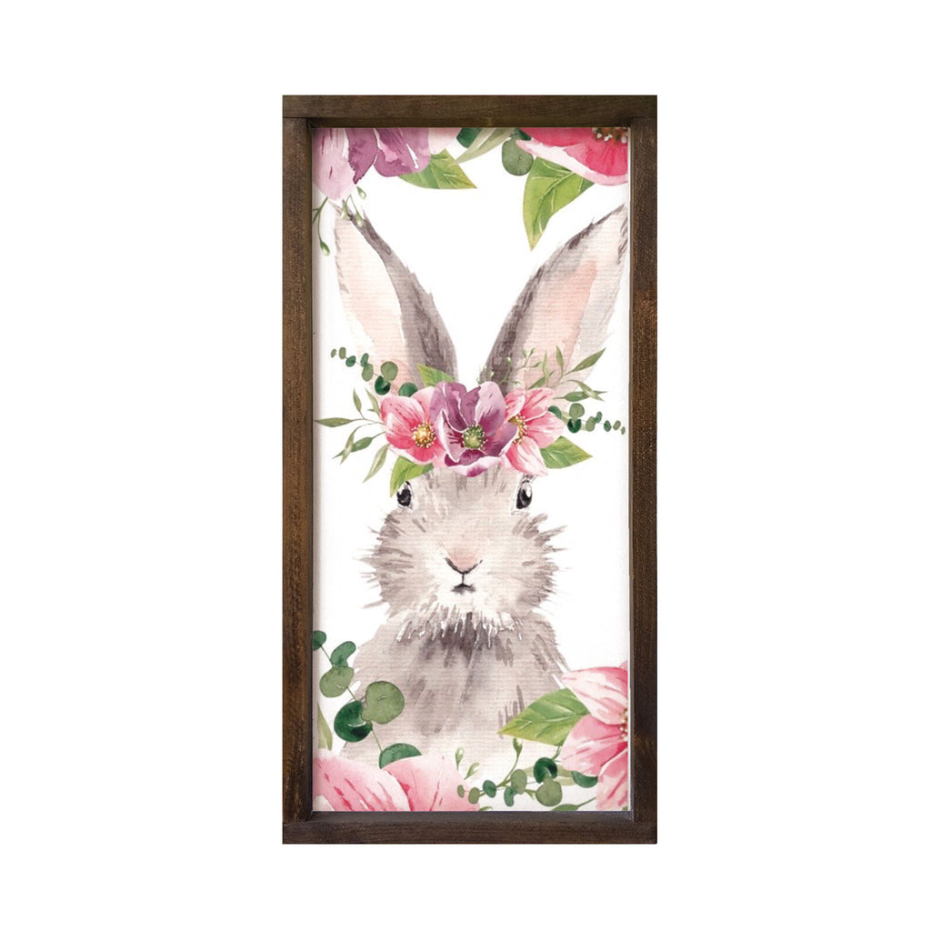 Easter Wall Art - Bunny with Pink Flowers - Wood Framed Sign - 12"x24" | Festive Fit Home
