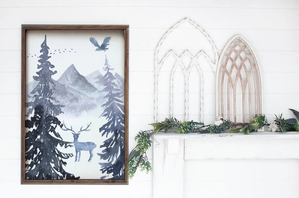 Large Farmhouse Framed Wood Sign - Winter Forest 24"x36" | Winter Art | Festive Fit Home