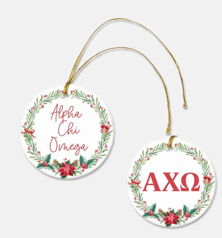 Alpha Chi Omega Ornament - Poinsettia Wreath Ceramic - Set of 2 | Christmas Tree Ornament | Festive Fit Home