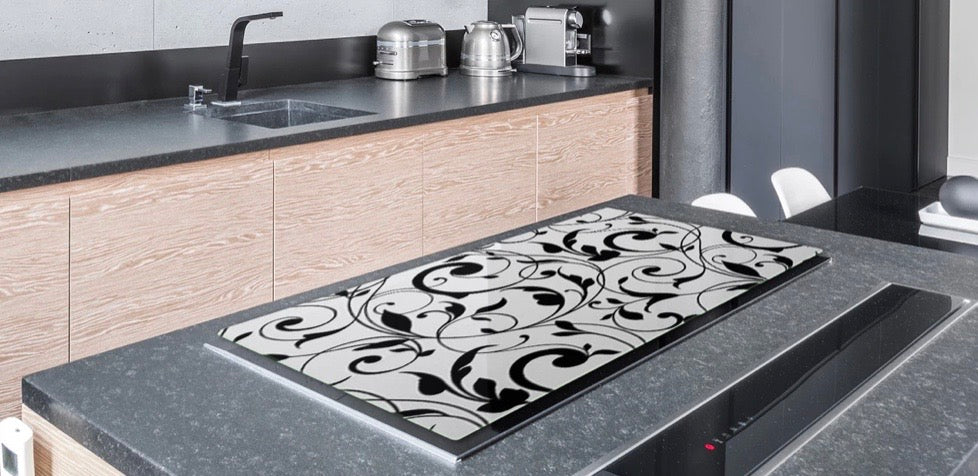 Stove Top Cover - White and Black Scroll | Gas and Induction Cooktop Cover  | Noodle Board