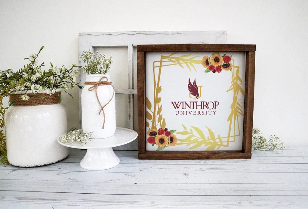 Winthrop University Sign - Gold and Garnet Sunflower Framed Wood | Festive Fit Home | Official Merchandise | Custom Decor