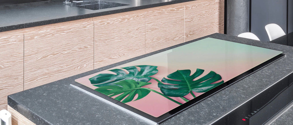 Green Palms in Pink Glass Range Cover and Multi-Purpose Cutting Boards, Glass Boards, festive Fit Home, Kitchen art work, Glass Charcuterie Boards, Induction Top Covers | Beach Home Decor | Summer Kitchen Decor