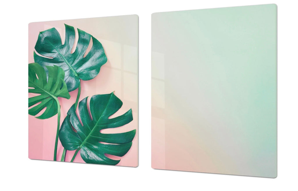 Green Palms in Pink Glass Range Cover and Multi-Purpose Cutting Boards, Glass Boards, festive Fit Home, Kitchen art work, Glass Charcuterie Boards, Induction Top Covers | Beach Home Decor | Summer Kitchen Decor
