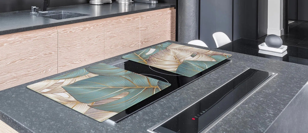 Stove Top Cover - Aqua & Gold Palms | Gas & Induction Cook Top Cover | Noodle Board