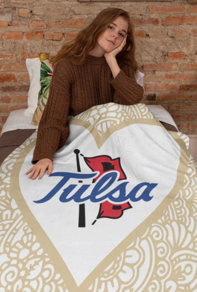 University of Tulsa Tan Mandala Heart Sherpa Blanket | Tulsa Blanket | Tulsa Gifts and Dorm Decor | Festive Fit Home