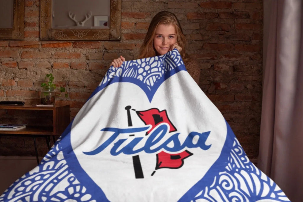 University of Tulsa Blue Mandala Heart Sherpa Blanket 60"x80" | Gifts and Merchandise | Festive Fit Home