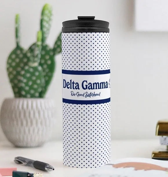 Delta Gamma Navy Polka Dot Thermal Tumbler 16 oz. | Merchandise and Gifts | Festive Fit Home