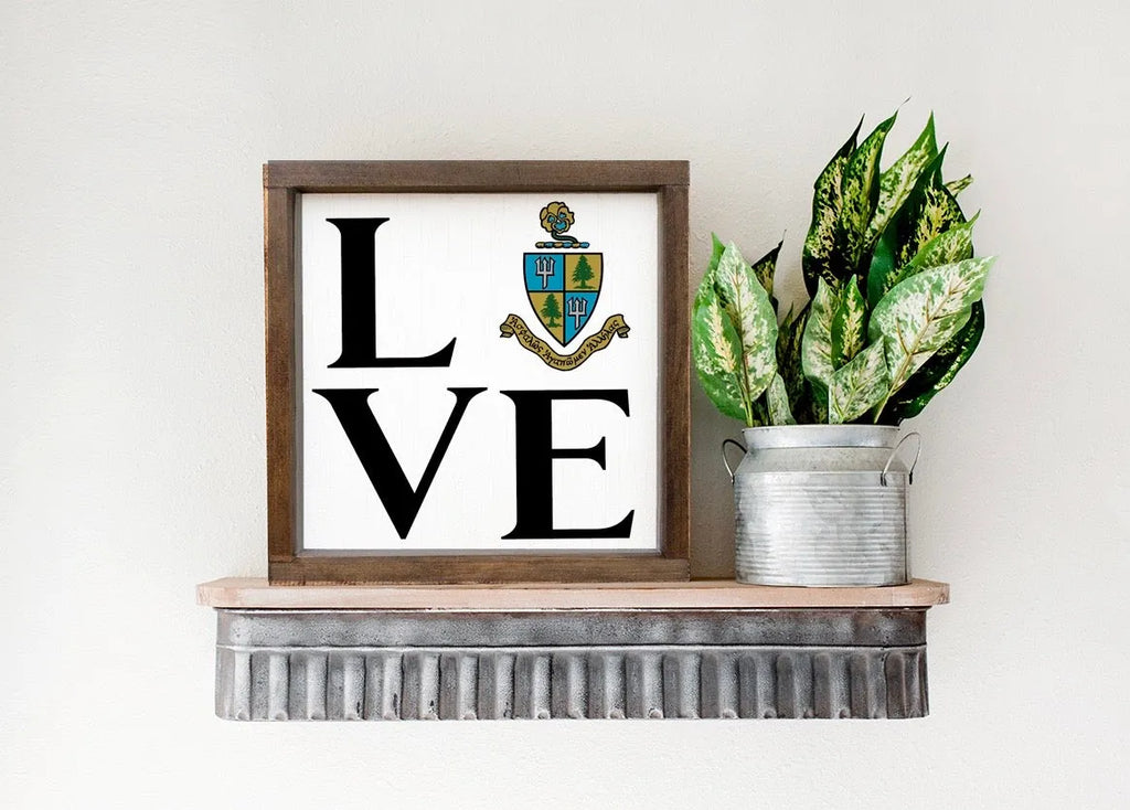 Tri Delta "LOVE" Framed Wood Sign - Coat of Arms 12"x12" | Gifts and Merchandise | Festive Fit Home