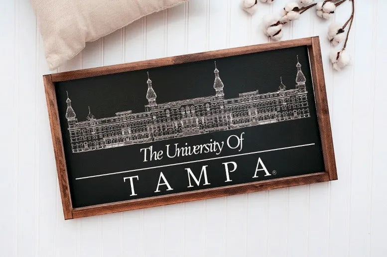 University of Tampa Plant Hall Wood Sign - Black - 12"x24" | Custom Gifts and Decor | Official Merchandise | Festive Fit Home