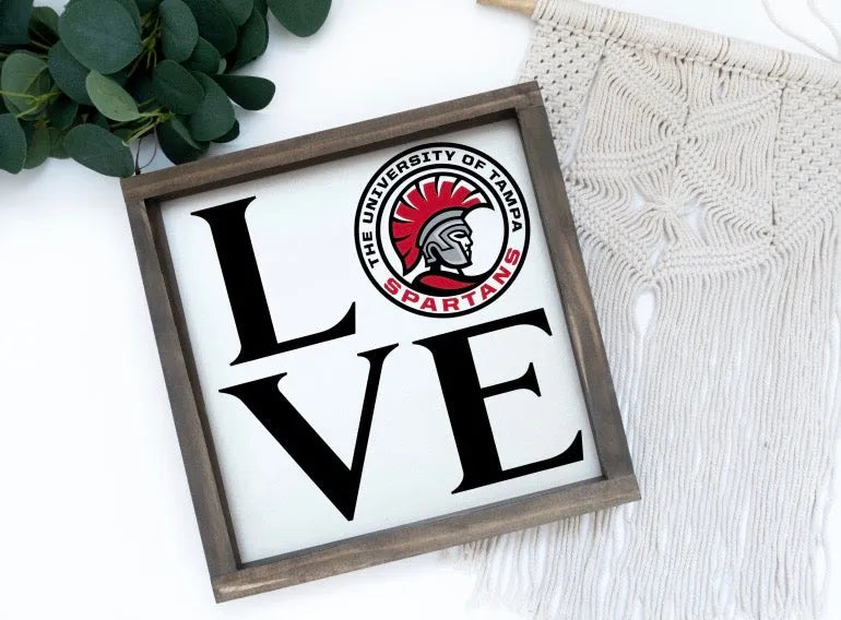 University of Tampa Wood Sign - LOVE Spartan 12"x12" | Custom UTampa Gifts | Official Merchandise | Festive Fit Home