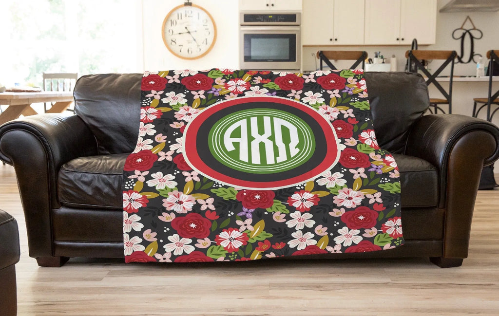 Alpha Chi Omega XL 60x80 Blanket Black Modern Floral Monogram | Gifts