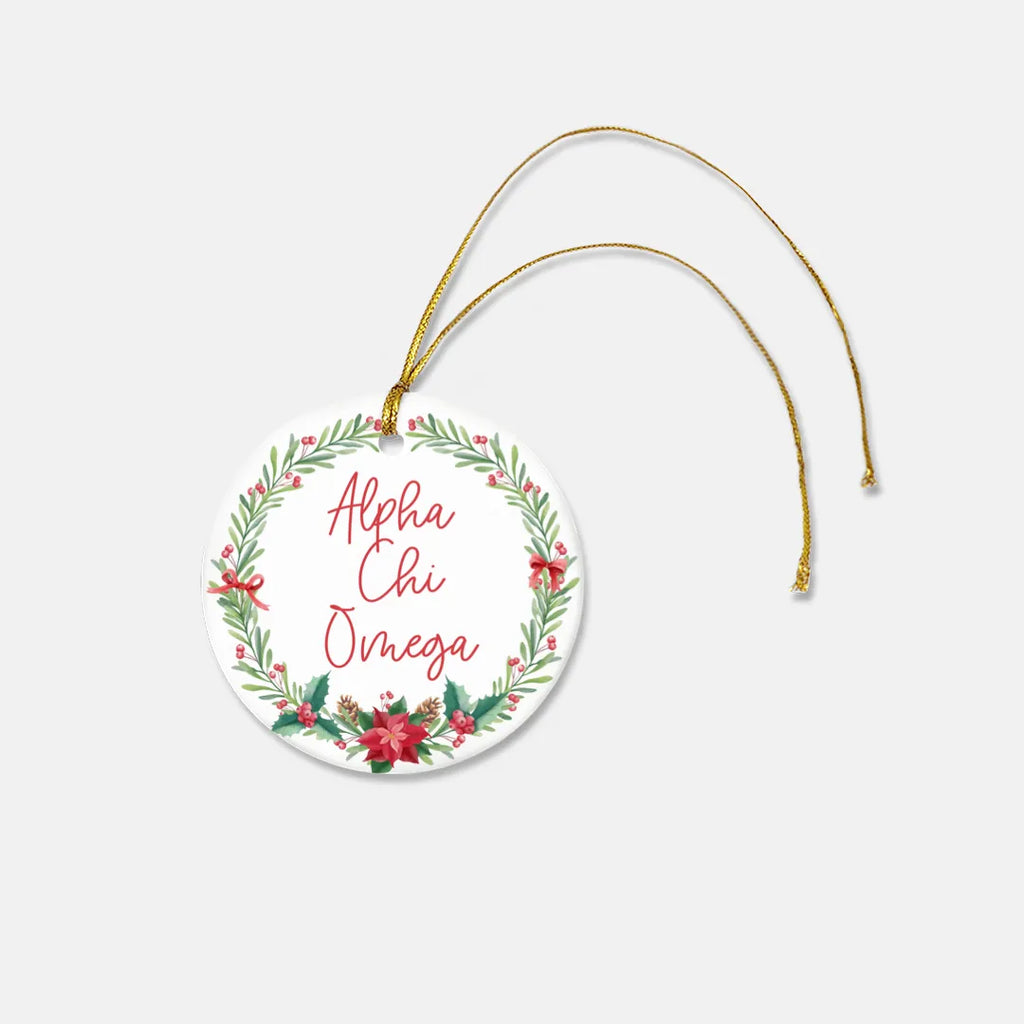 Alpha Chi Omega Ornament - Poinsettia Wreath Ceramic - Set of 2 | Christmas Tree Ornament | Festive Fit Home