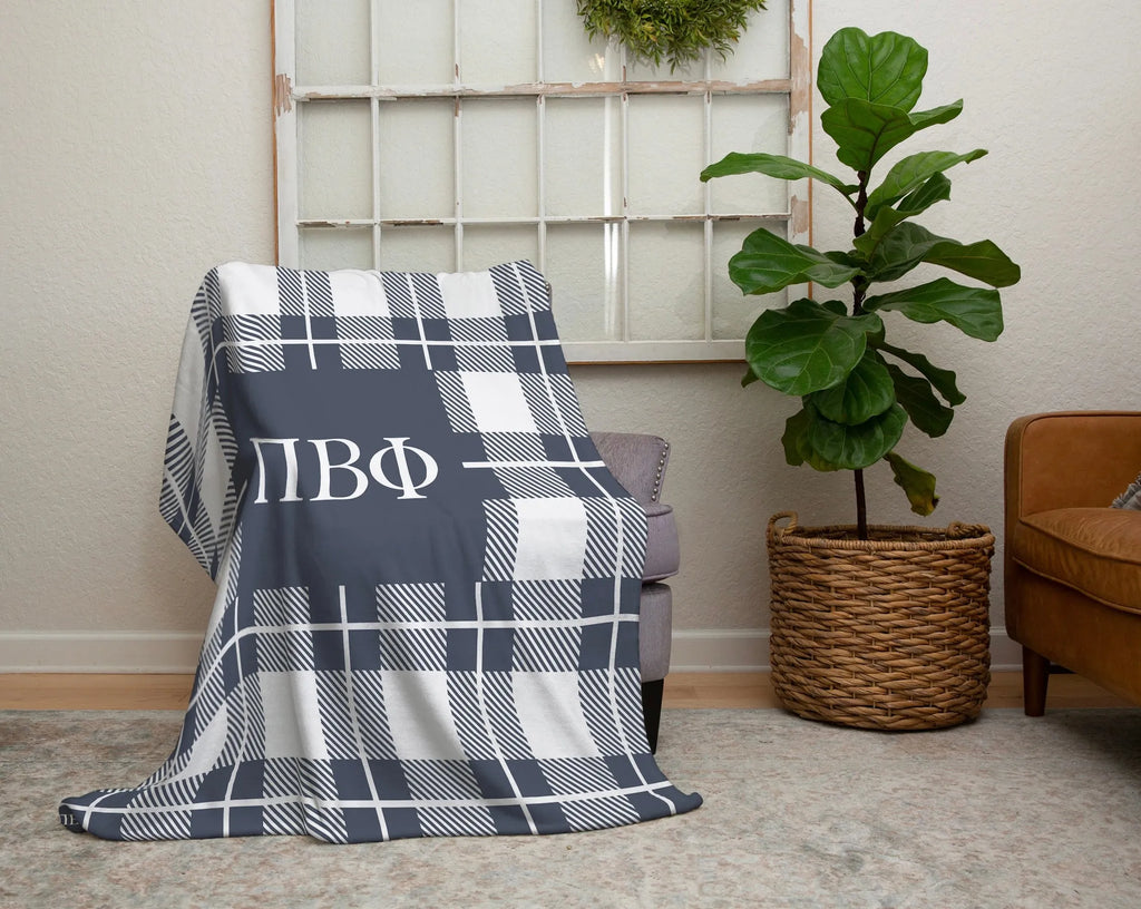 Pi Beta Phi Sherpa Blanket - Gray Plaid 60"x80" | Official Pi Phi Merch | Custom Gifts | Festive Fit Home