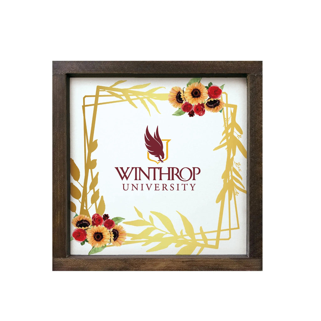 Winthrop University Sign - Gold and Garnet Sunflower Framed Wood | Festive Fit Home | Official Merchandise | Custom Decor