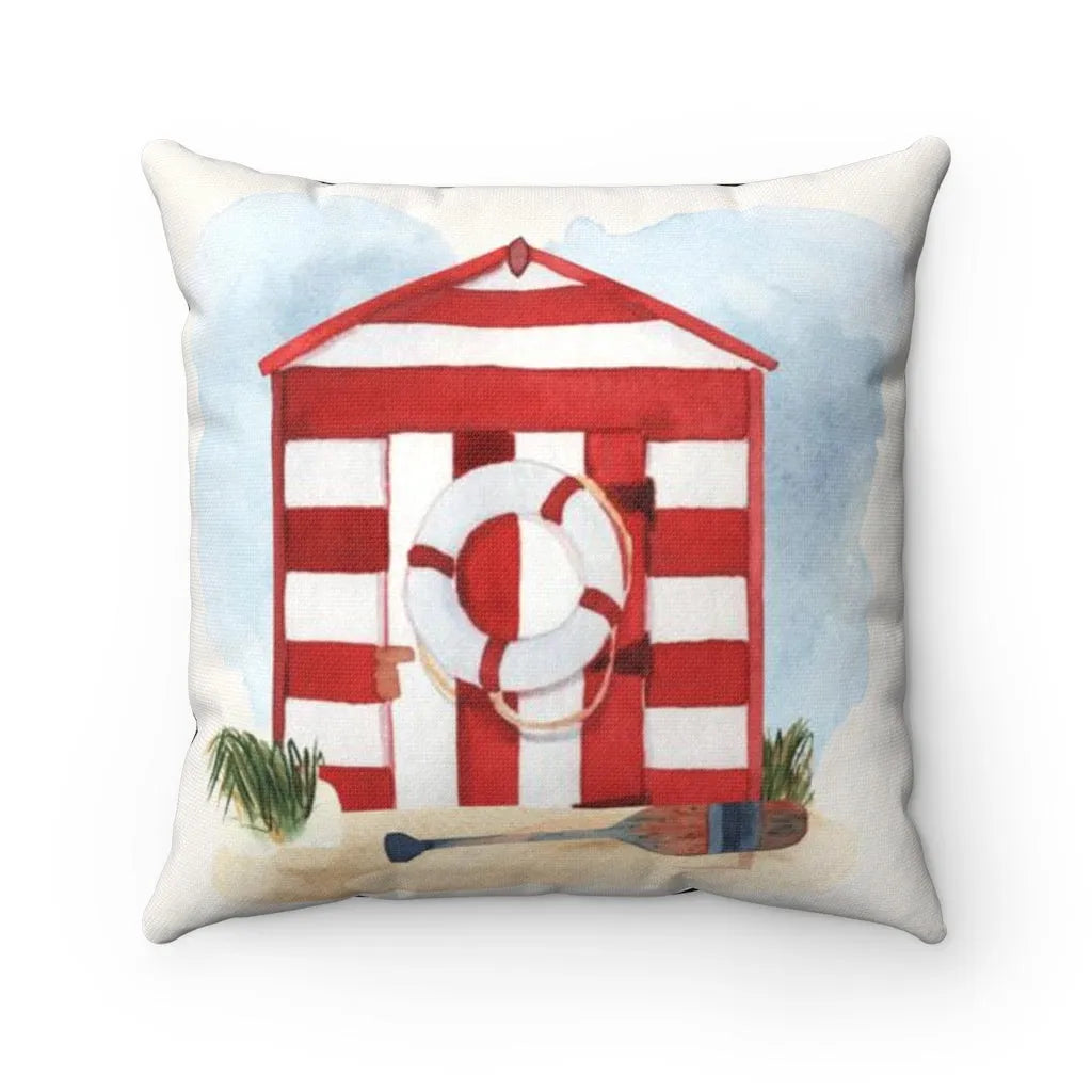 Red and White Beach Hut Throw Pillow Cover | Beach Home Decor  | Festive Fit Home