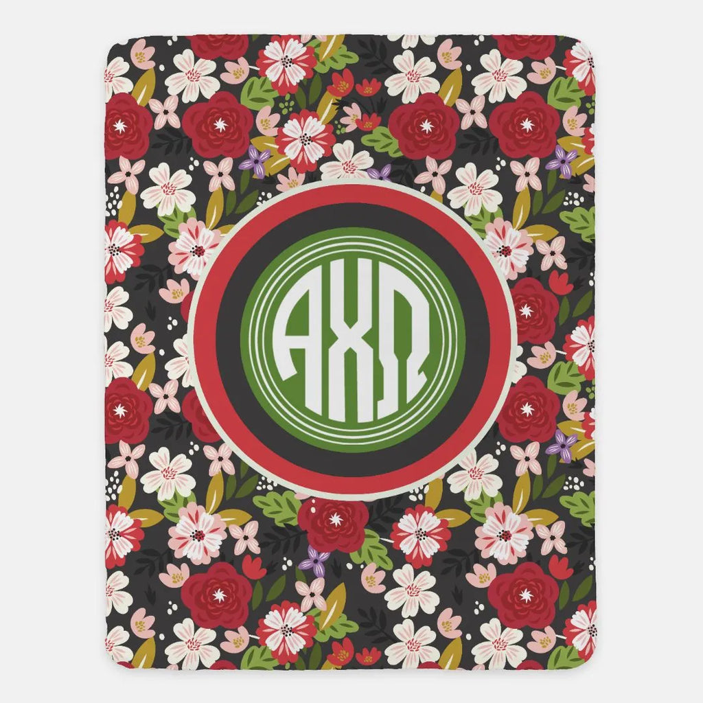 Alpha Chi Omega XL 60x80 Blanket Black Modern Floral Monogram | Gifts