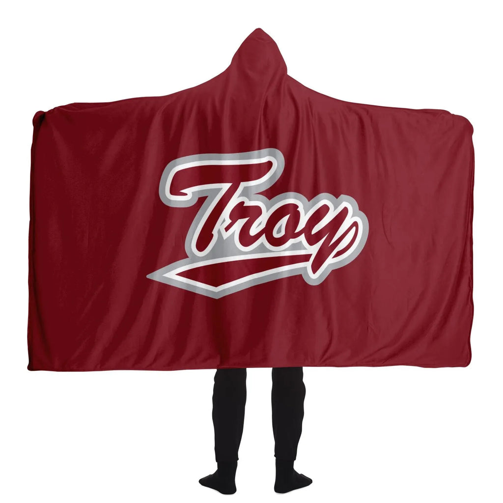 Troy University Hooded Blanket  Cardinal Script | Official Merchandise | Gifts and Decor | Festive Fit Home