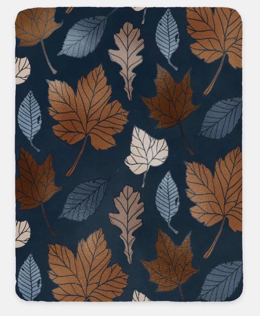 Navy with Brown Leaves Fall Sherpa Throw Blanket - 60" x 80" - Festive Fit Home