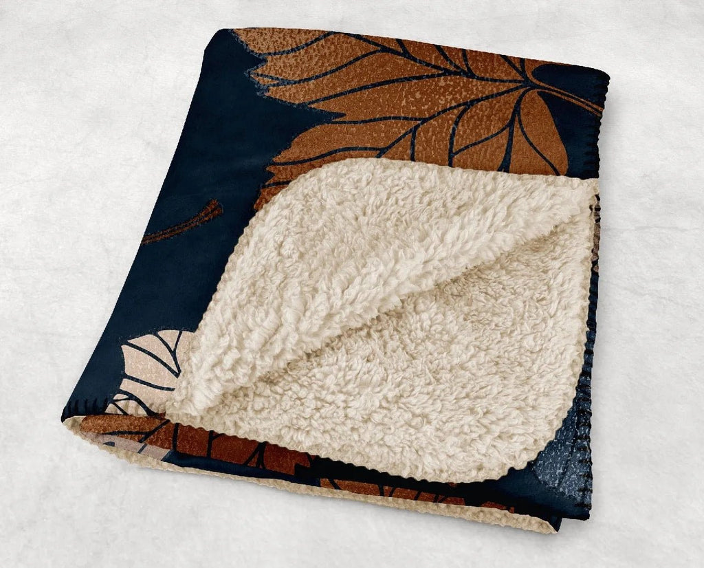 Navy with Brown Leaves Fall Sherpa Throw Blanket - 60" x 80" - Festive Fit Home