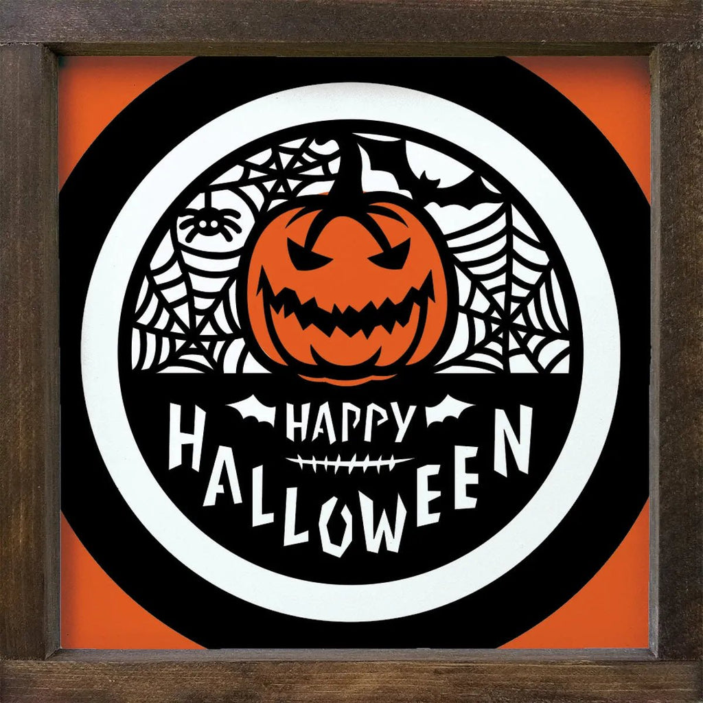 Scary Pumpkin Happy Halloween Wood Sign - 12"x12" - Festive Fit Home