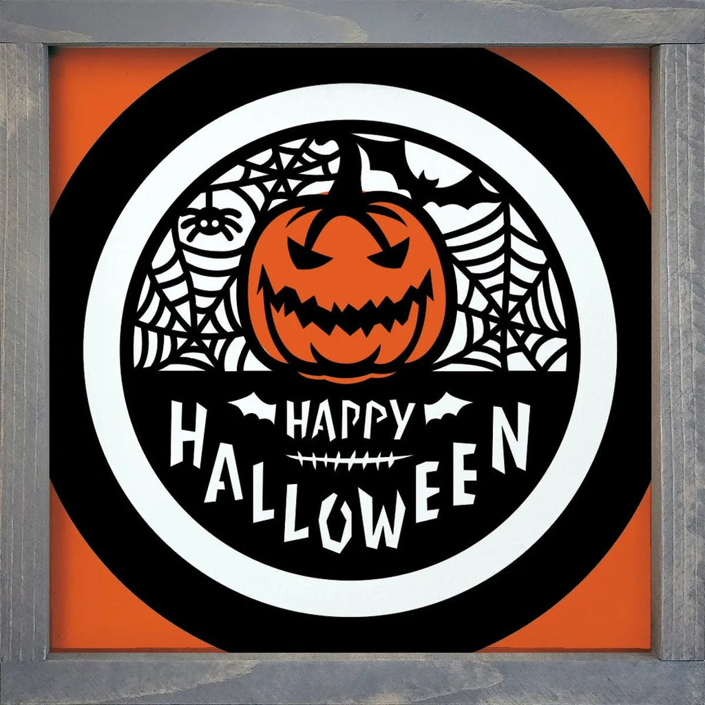 Scary Pumpkin Happy Halloween Wood Sign - 12"x12" - Festive Fit Home