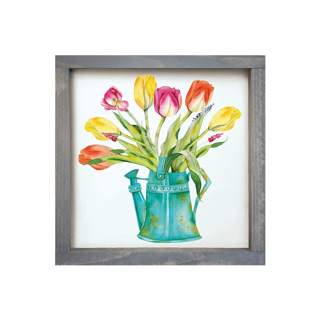 Tulips Art Garden Bucket Framed Wood Sign - 12"x12" - Festive Fit Home