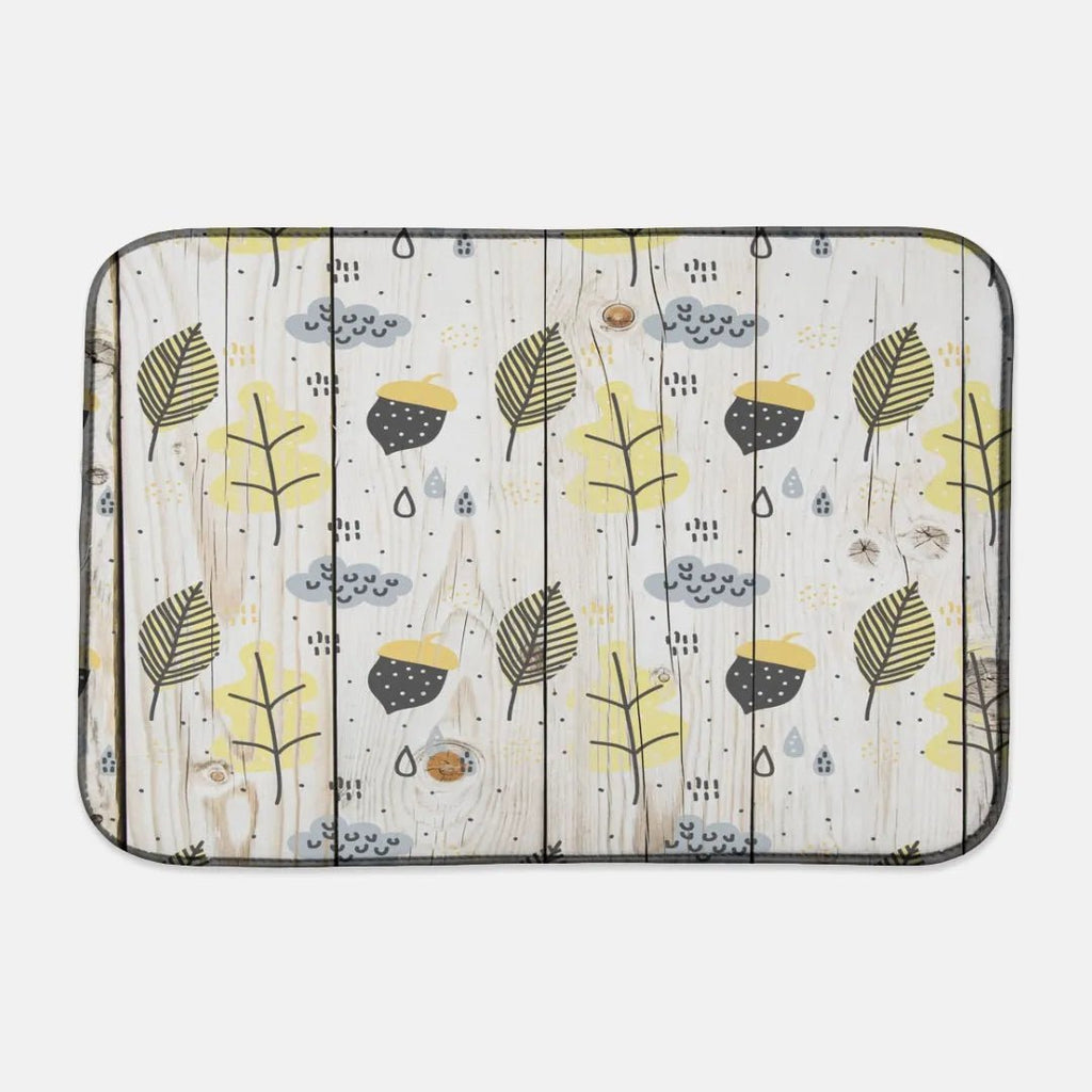 Yellow Fall Leaves and Rustic Gray Wood Grain Dish Drying Mat - Festive Fit Home